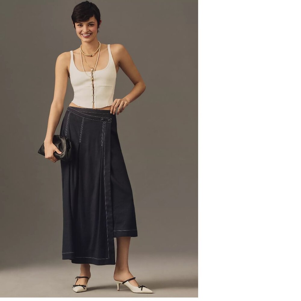 NWT new anthropologie Maeve Edie Asymmetrical Stitched Midi Skirt navy blue 4